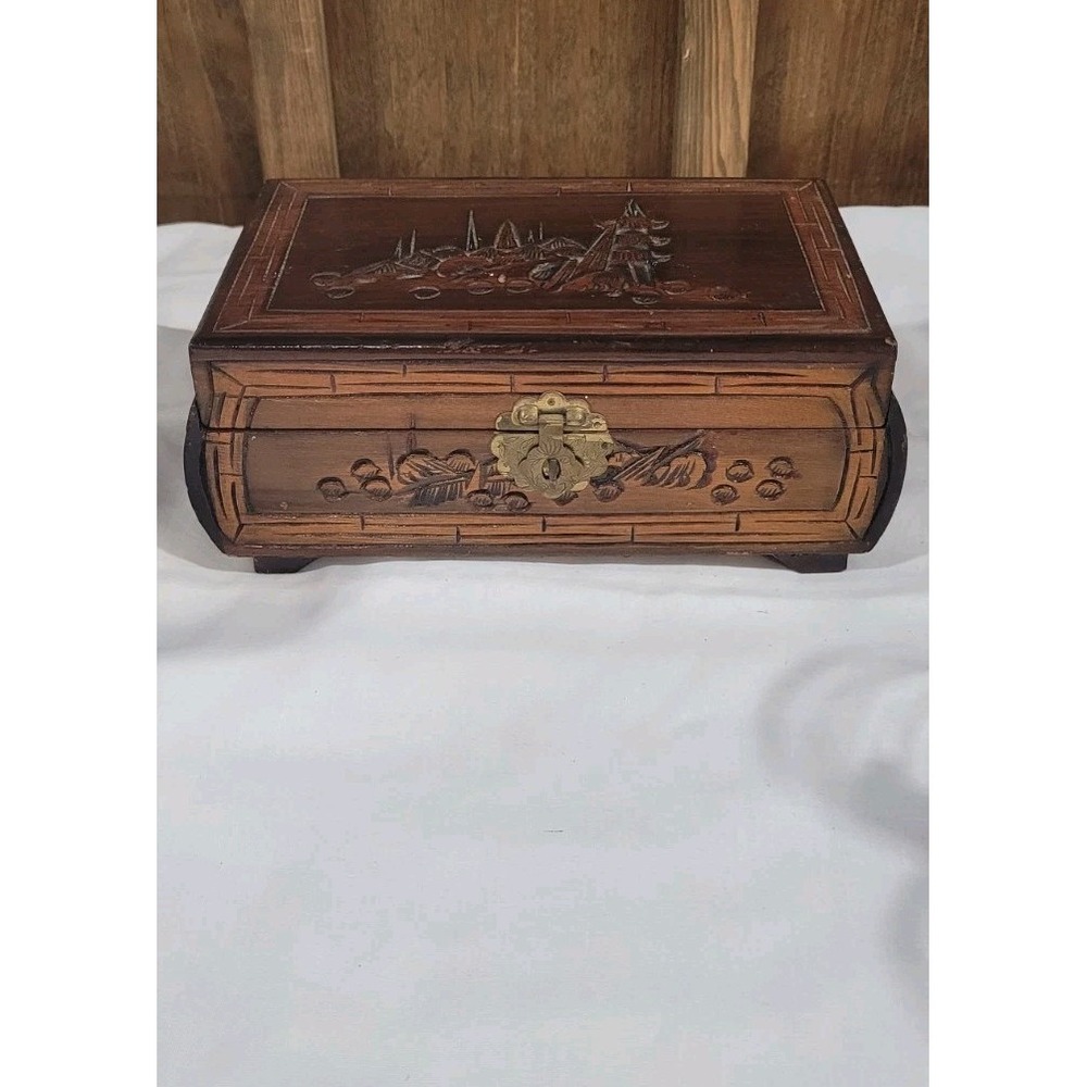 Vintage 1960's Wooden jewelry box with carved Asian Motifs